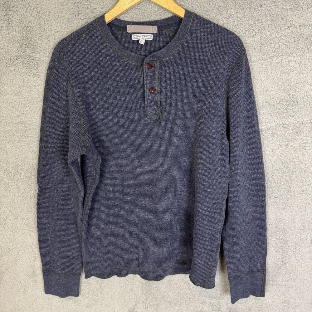 Wallace and Barnes‎ Shirt Mens L Blue Thermal Waffle Knit Henley Long Sleeve